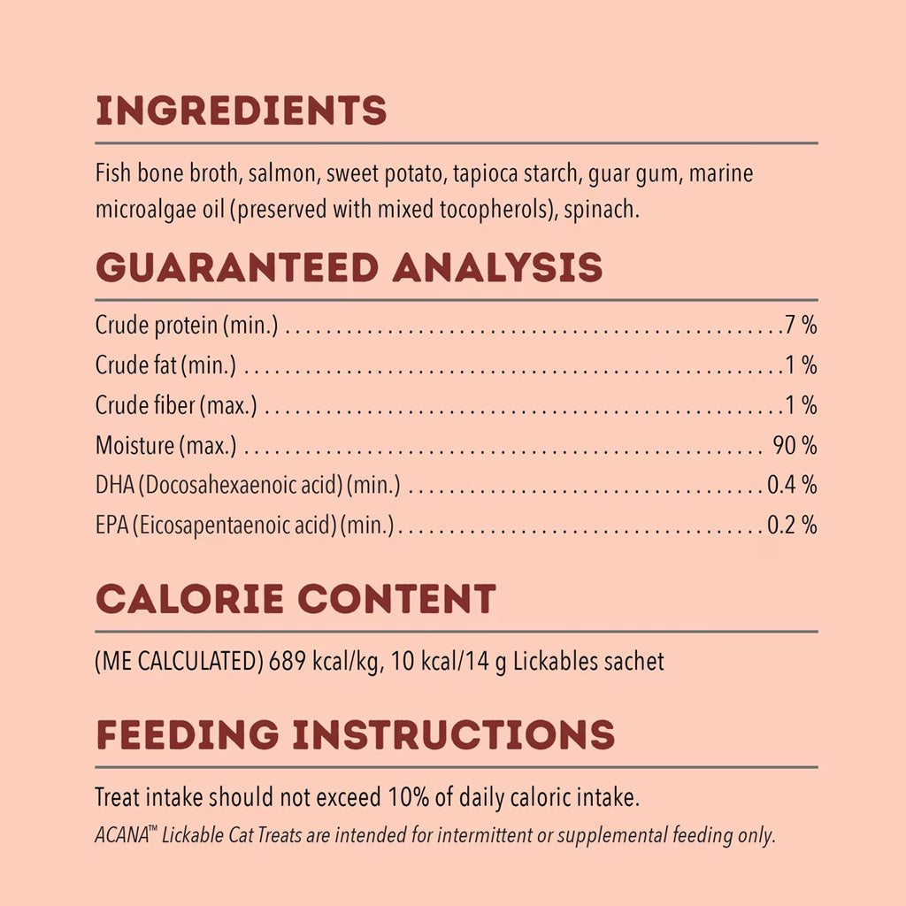 Nutritional label for ACANA Lickables Cat Treats on a pink background