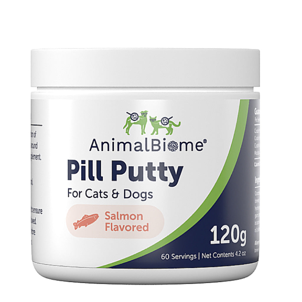 Jar of AnimalBiome Pill Putty for cats and dogs on a white background