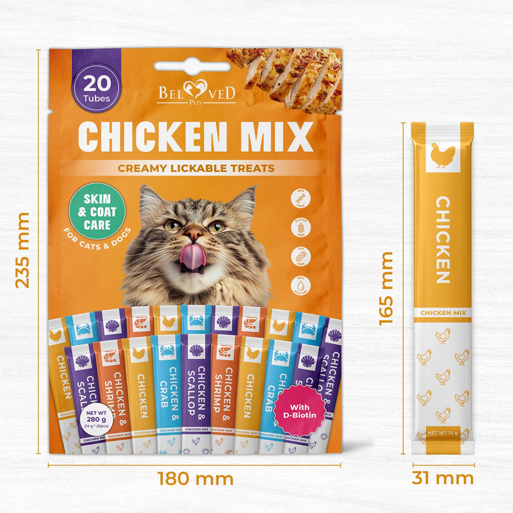 Beloved Pets Chicken Mix Creamy Lickable Treats Skin & Coat Care for Cats & Dogs 20-count - Lickable Cat Treats 9