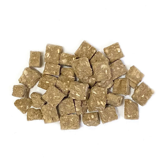 Brown square-shaped snacks on a white background