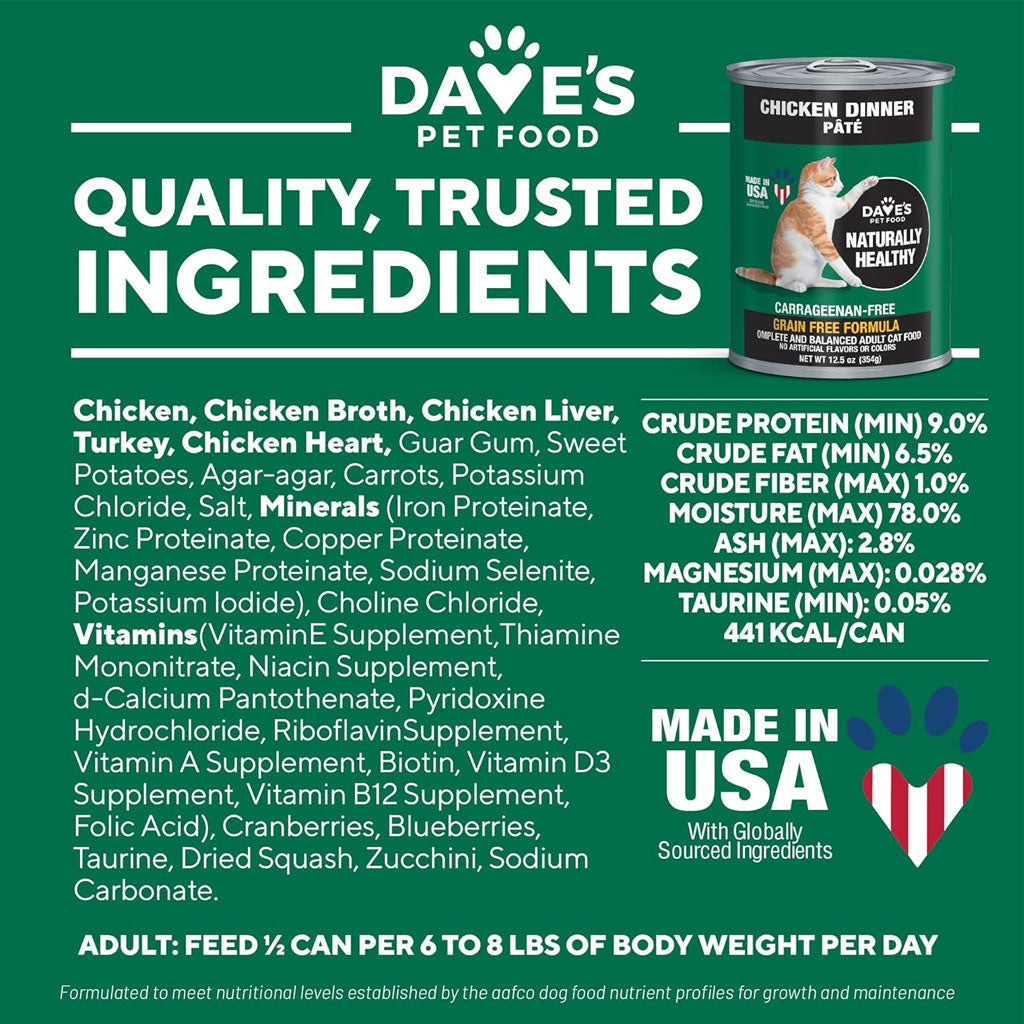 Dave's Pet Food can with ingredient list and nutritional information on a green background