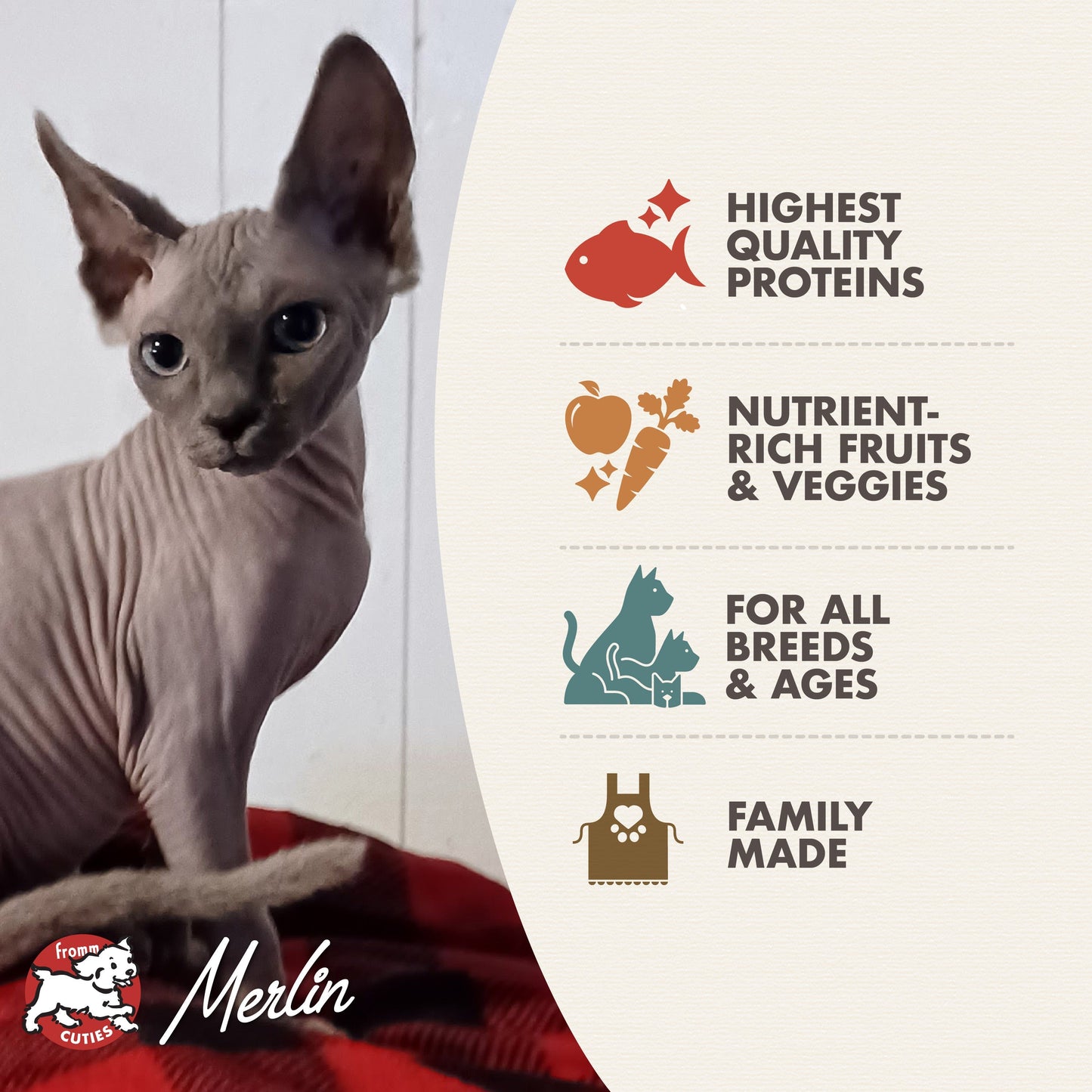 Cat with Merlin pet food packaging highlighting quality, nutrition, and family-made aspects.
