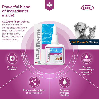 CLX Derm Spot Gel packaging with product details and branding on a pink background