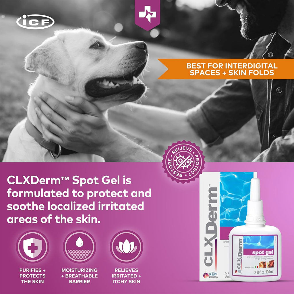 Advertisement for CLX Derm Spot Gel with a dog and person holding the dog, and product packaging displayed.
