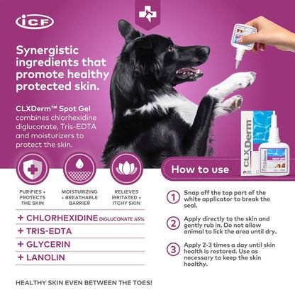Advertisement for ICF CLX Derm Spot Gel with a dog and product packaging on a purple background.