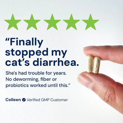 Hand holding two capsules with a five-star rating and customer testimonial on a white background