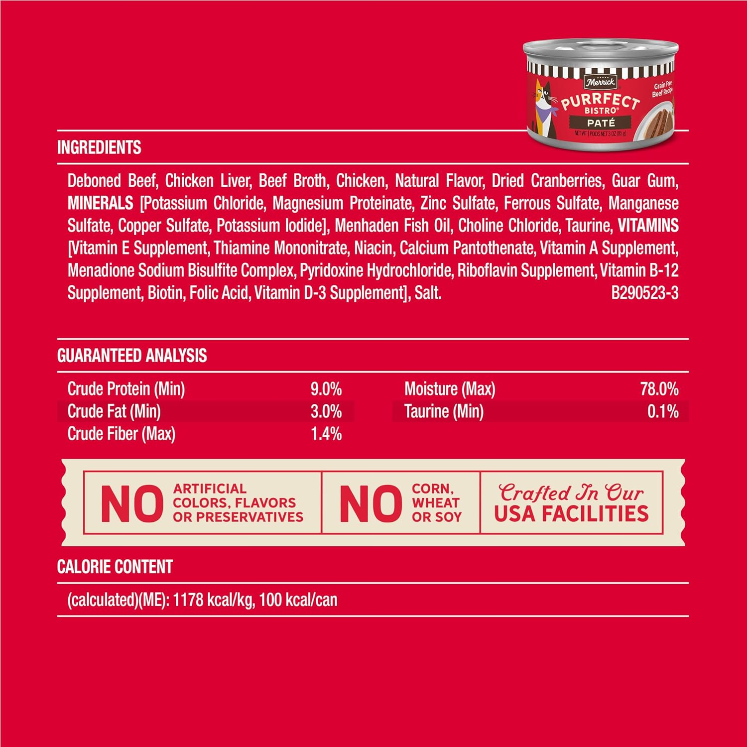 Merrick Purrfect Bistro Grain Free Premium Soft Canned Pate Adult Wet Cat Food High Protein Beef Recipe - 3-oz, case