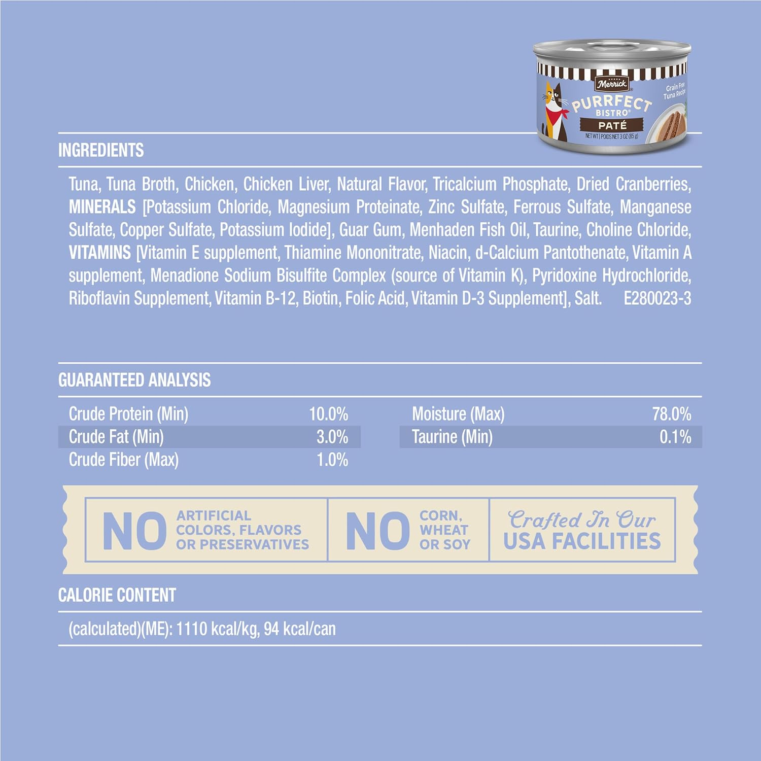 Merrick Purrfect Bistro Grain Free Premium Soft Canned Pate Adult Wet Cat Food High Protein Tuna Recipe - 3-oz, case