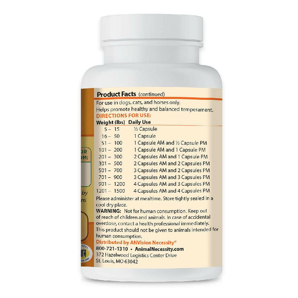 Product Facts - Directions for use of Serenin Vet Calming Capsules Supplement for Dogs, Cats and Horses