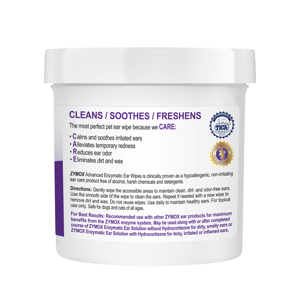 Back label of Zymox Advanced Enzymatic Ear Wipes for Dogs & Cats
